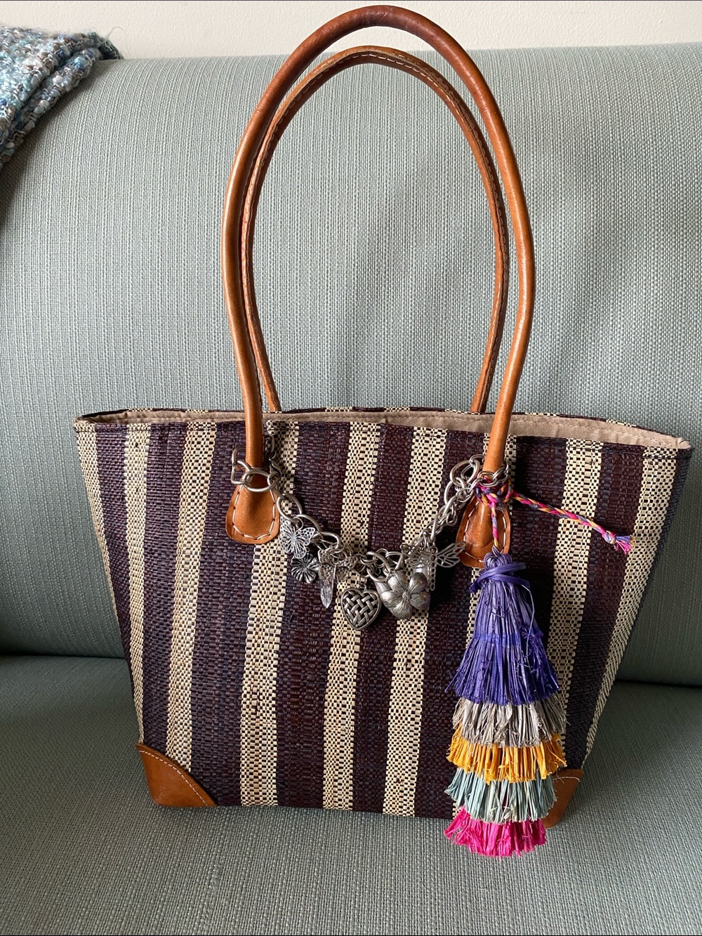 Shebobo San Francisco Raffia & leather straw tote/ shoulder  bag